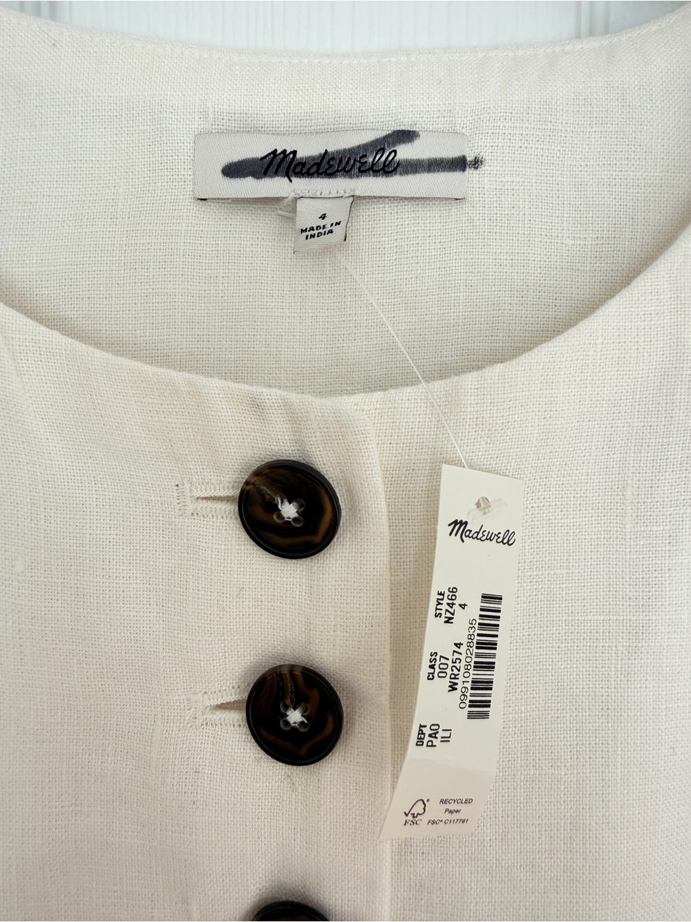 Madewell Button-Front 100% Linen Shell Top Ivory Size 4 NWT - Picture 7 of 11